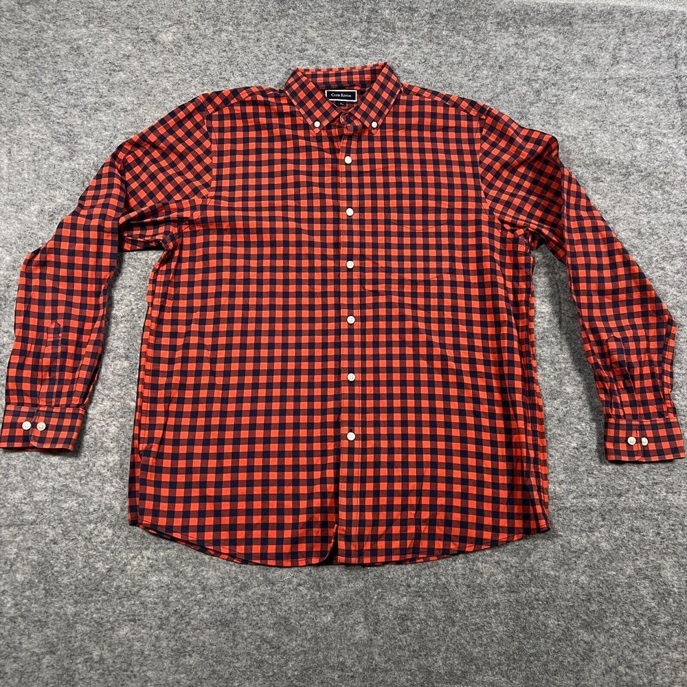 Club Room‎ Men's Button Down Shirt Large Orange Blue Check Plaid Long Sleeves